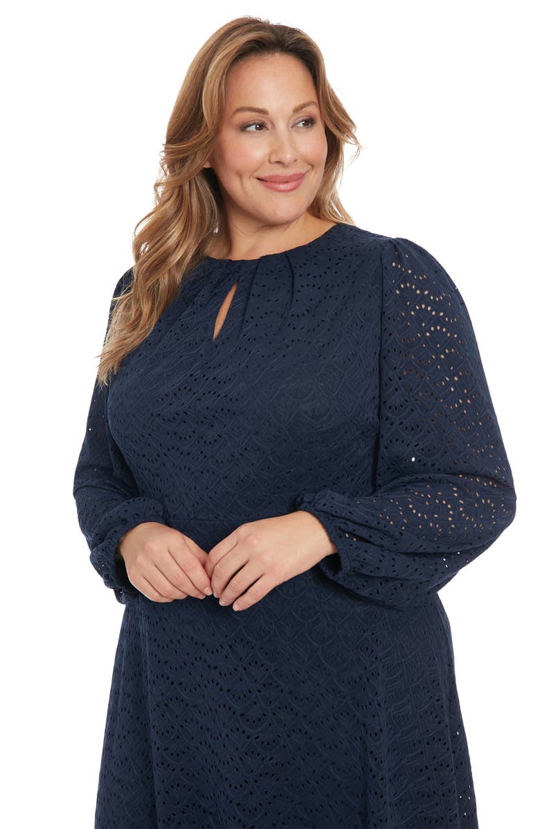 London Times Eyelet Keyhole Long Sleeve A-Line Dress, Alternate, color, Navy