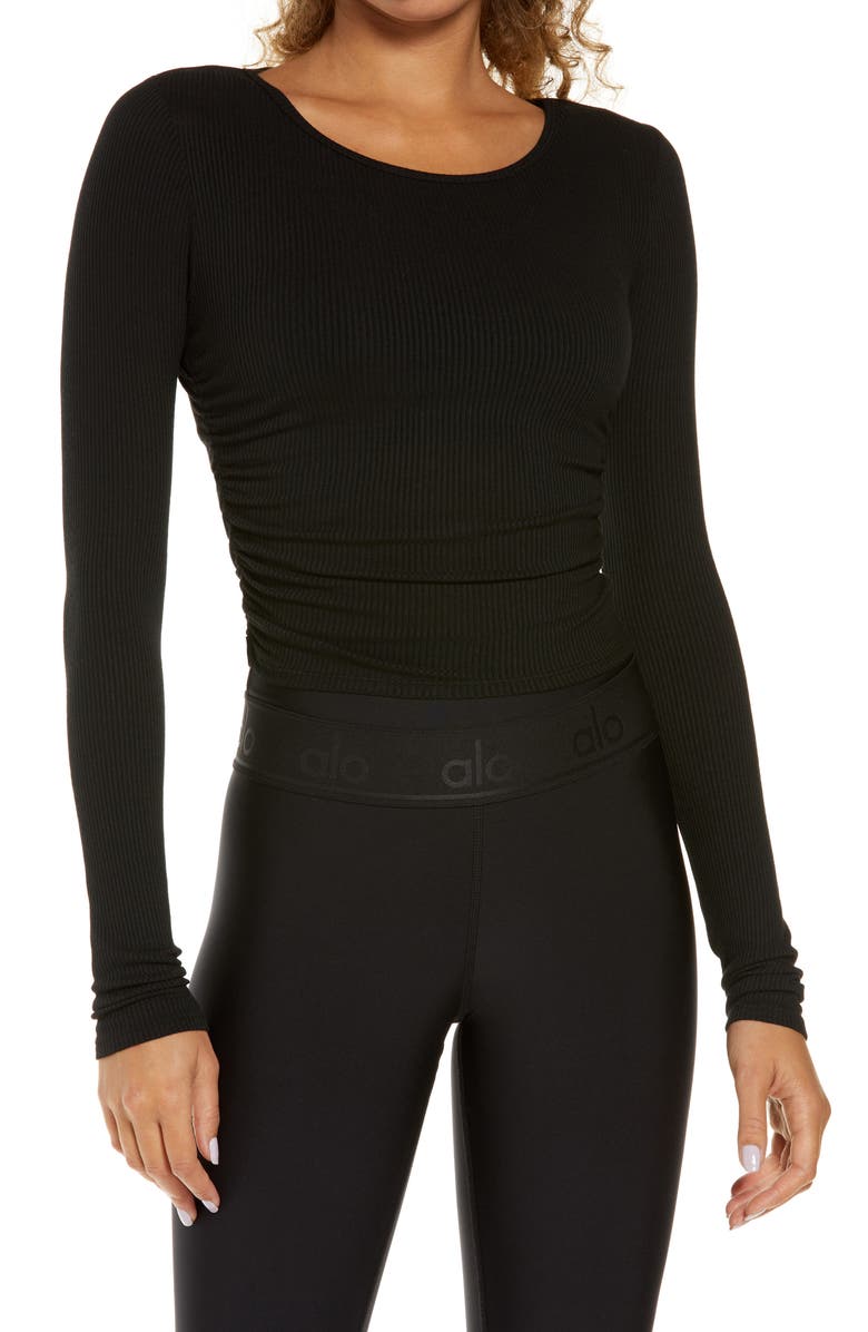 Alo Gather Long Sleeve Rib Crop Top, Main, color,