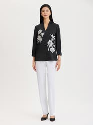 Misook Embroidered Crepe de Chine Blouse