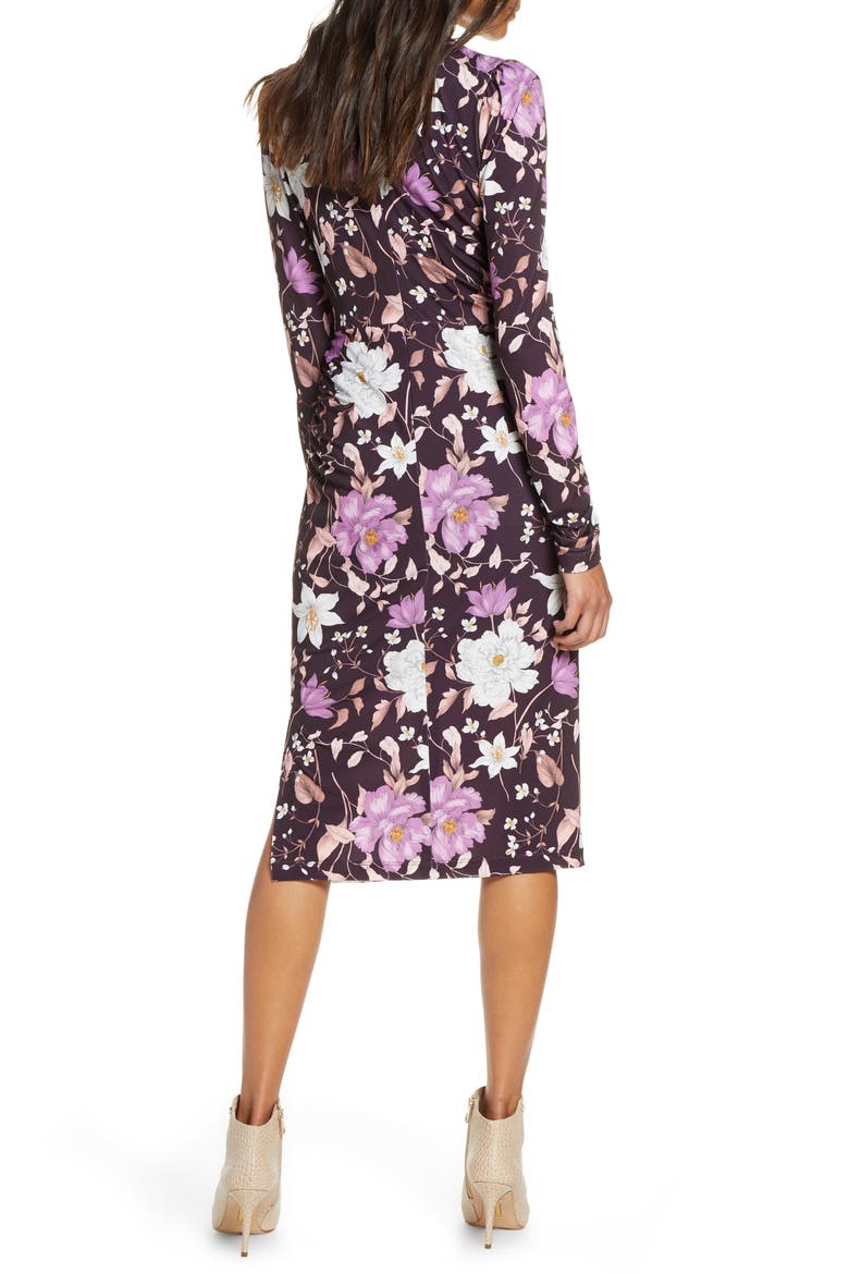 Floral Long Sleeve Body-Con Midi Dress, Alternate, color, AUBERGINE