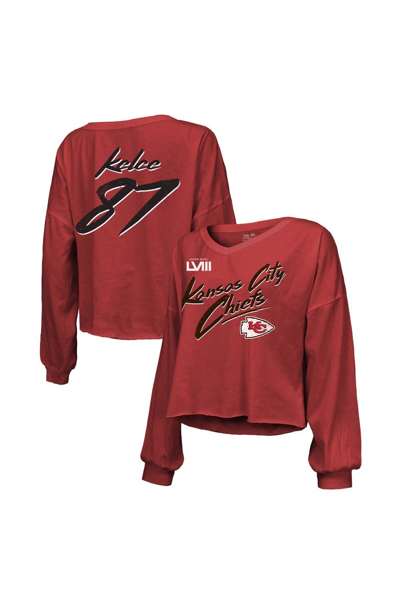 Women's Majestic Threads Travis Kelce Red Kansas City Chiefs Super Bowl LVIII Player Name & Number Off-Shoulder Cropped Long Sleeve V-Neck T-Shirt, Main, color, Red