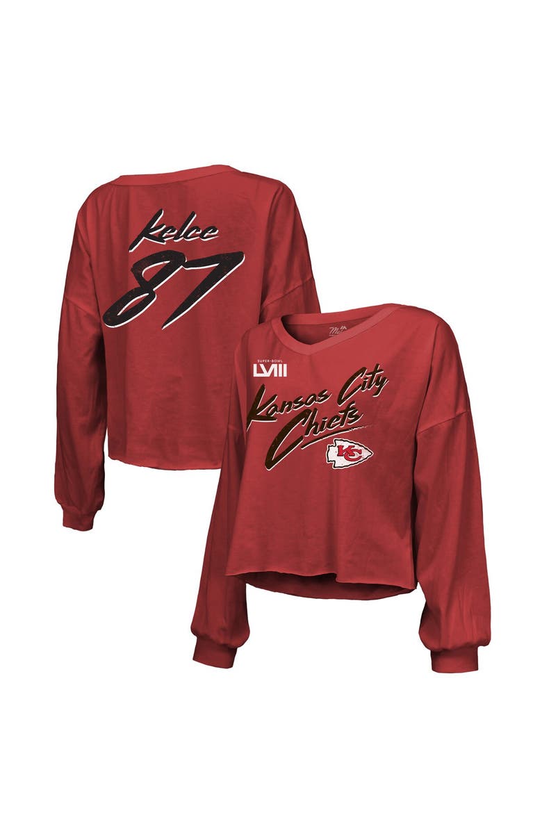 Majestic Threads Women's Majestic Threads Travis Kelce Red Kansas City Chiefs Super Bowl LVIII Player Name & Number Off-Shoulder Cropped Long Sleeve V-Neck T-Shirt, Main, color,