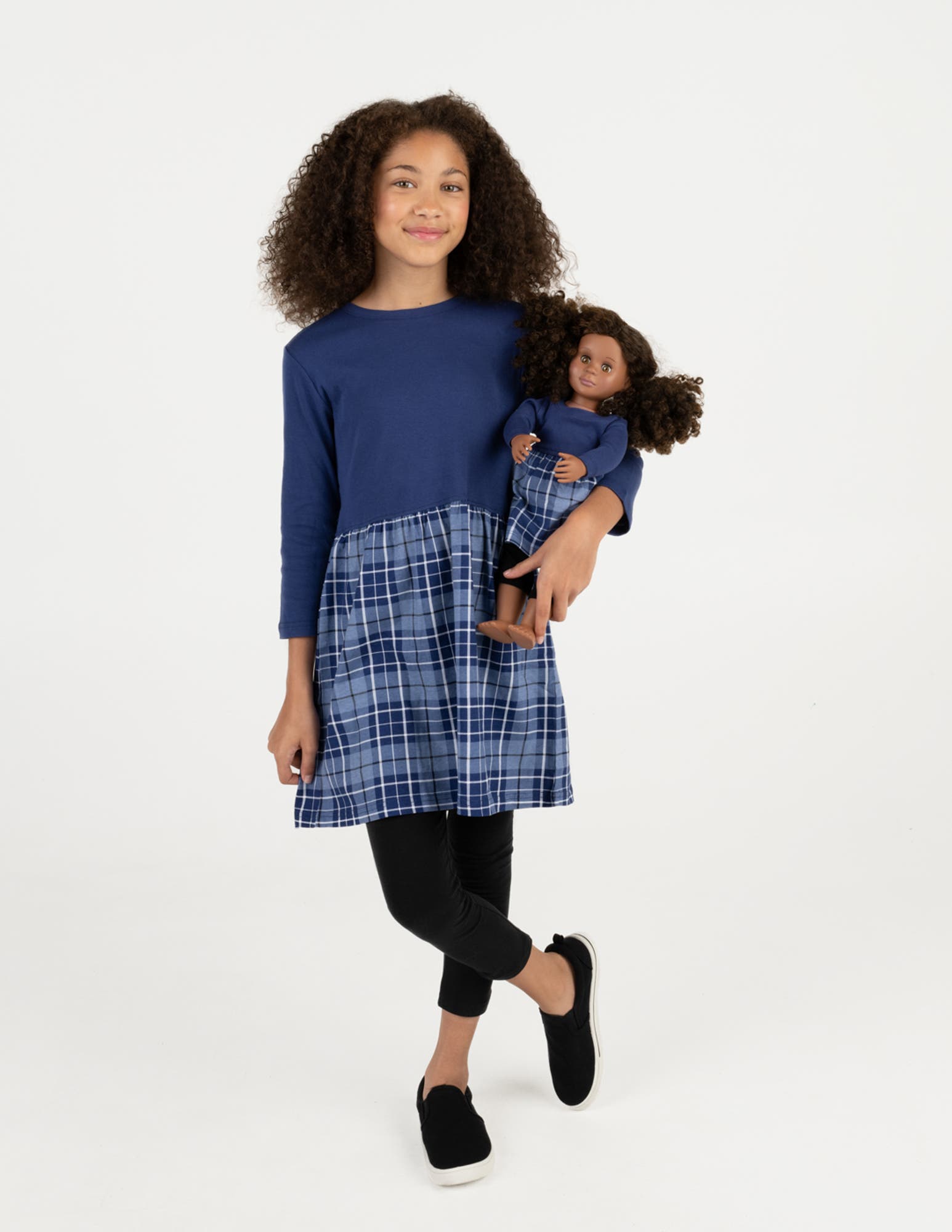 Leveret Girls Skirt Dress with Matching Doll Dress, 100% Cotton in Navy 