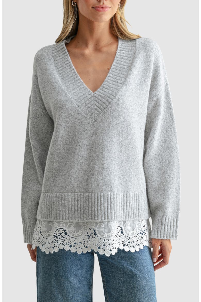 Lace Hem V-Neck Sweater, Main, color, HEATHER GREY