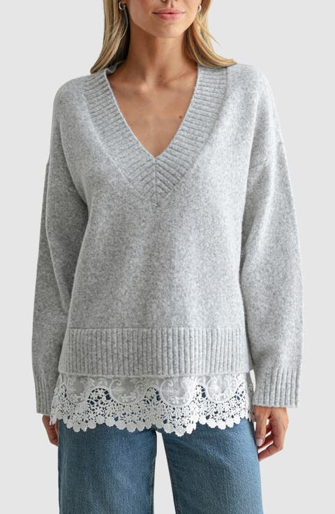 Lace Hem V-Neck Sweater