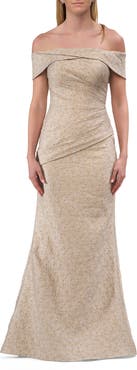 La Femme Off-the-Shoulder Textured Evening Gown