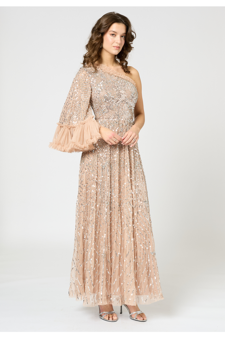 One Shoulder Embellished Sequin Beaded Maxi Dress, Alternate, color, TAUPE BLUSH