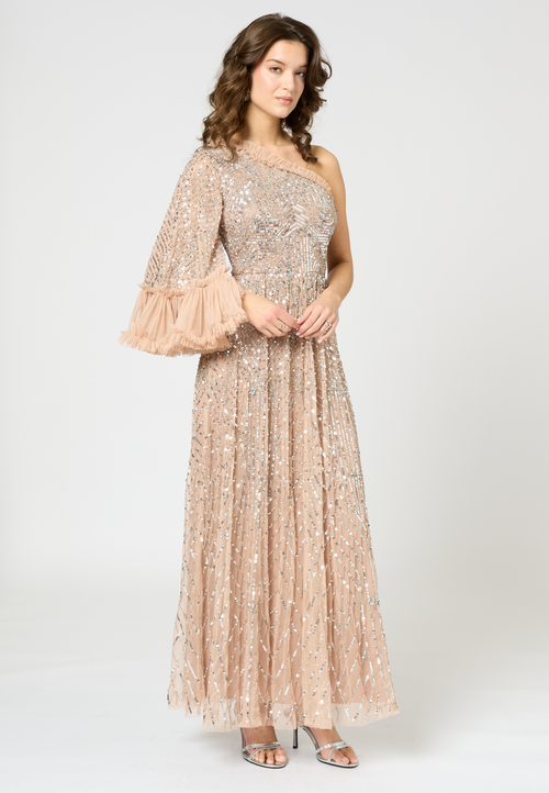 Beauut One Shoulder Embellished Sequin Beaded Maxi Dress In Neutral