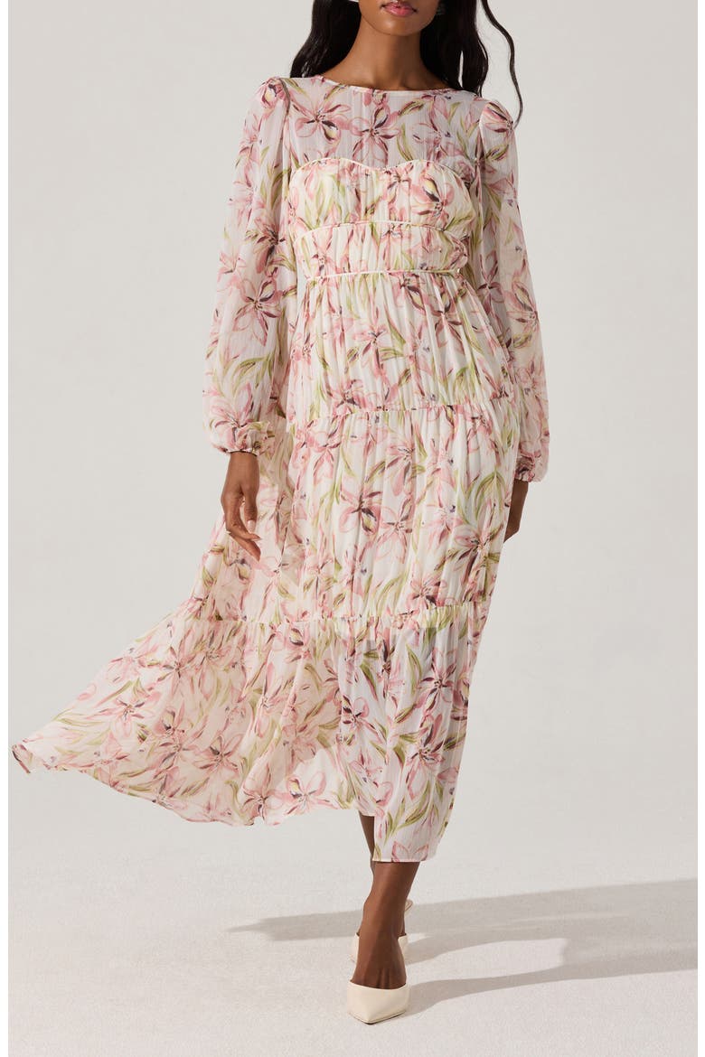 Floral Long Sleeve Tiered Dress, Main, color, PINK FLORAL