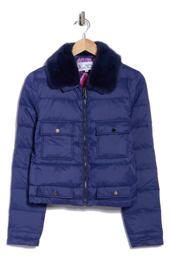 La Fiorentina Faux Fur Collared Puffer Jacket In Blue