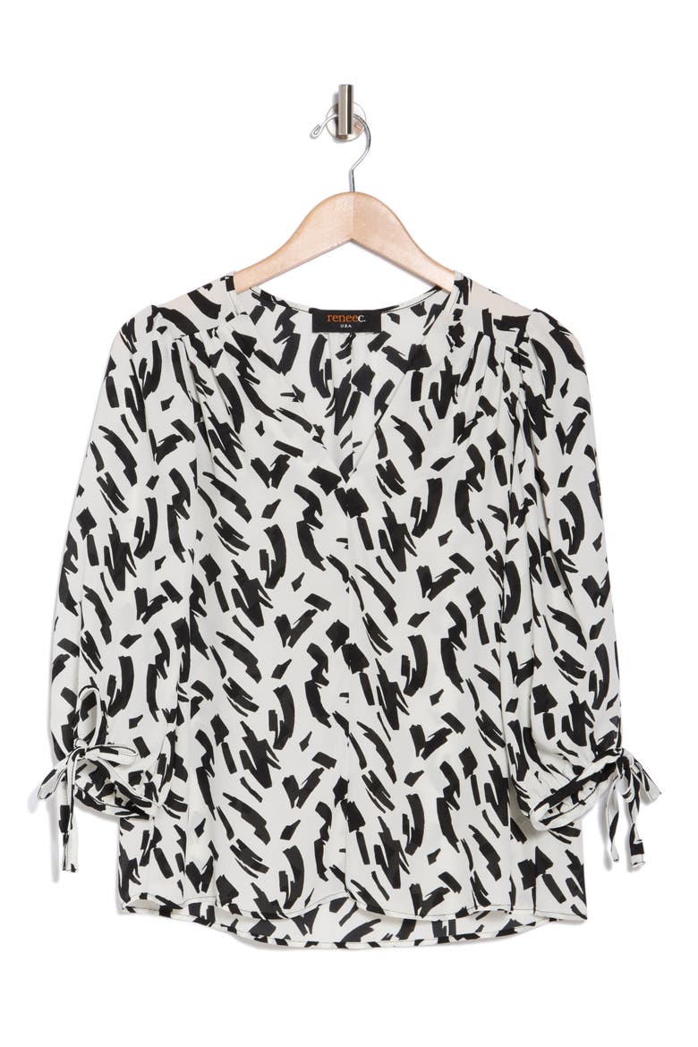 V-Neck Tie Sleeve Top, Alternate, color, IVORY