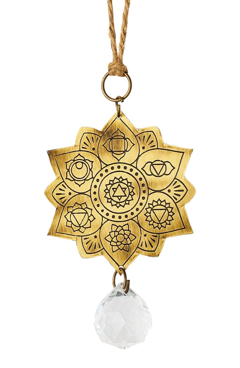 Matr Boomie Surya Lotus Engraved Brass Suncatcher, Main, color, Gold
