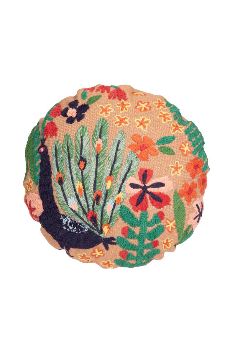 Storied Home Indoor/Outdoor Fabric Pillow with Embroidered Peacock and Flowers, Multicolor, Main, color, Pink