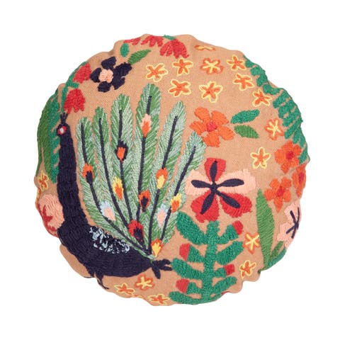 Indoor/Outdoor Fabric Pillow with Embroidered Peacock and Flowers, Multicolor