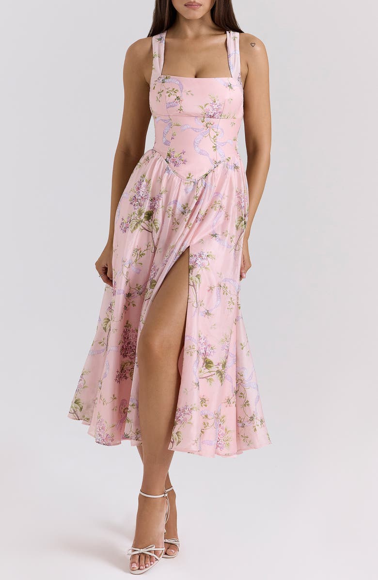 HOUSE OF CB Minerva Floral Print Chiffon Midi Sundress, Main, color, Pink