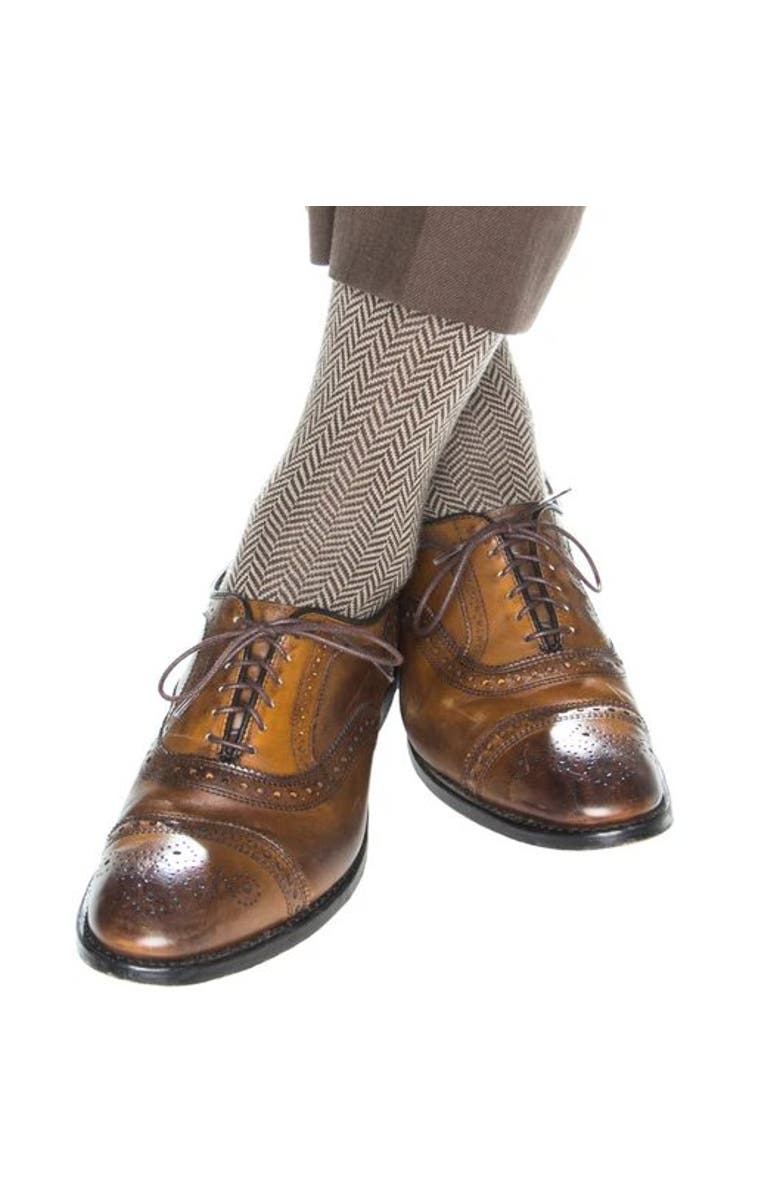Trafalgar Hunter Merino Wool Herringbone Mid-Calf Socks, Alternate, color, Brown With Taupe