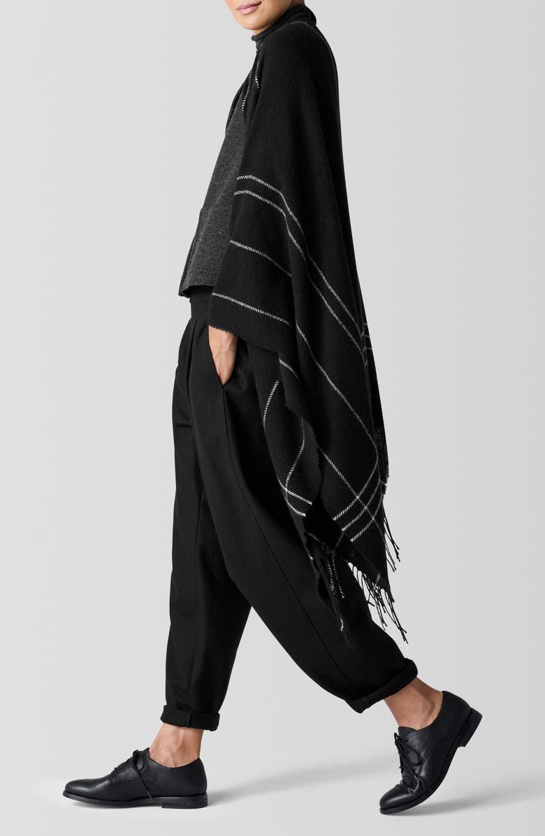 Eileen Fisher Serape Open Front Plaid Wool Blend Wrap, Alternate, color, Black