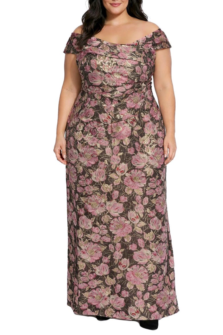 Floral Printed Brocade Off the Shoulder Gown, Main, color, PINK GOLD