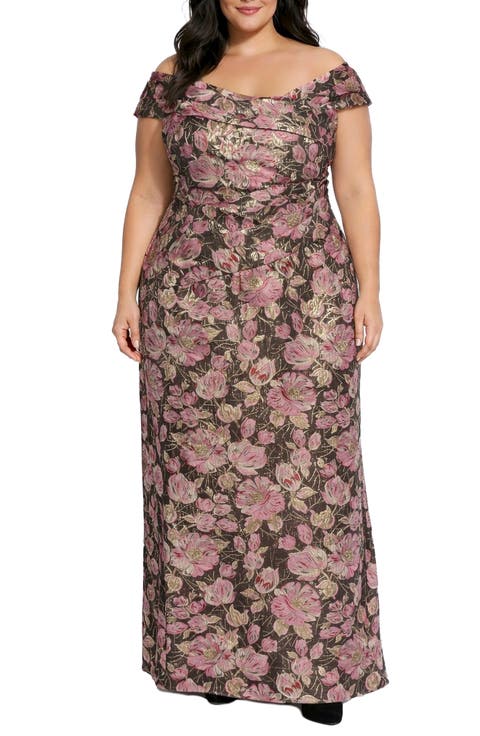 Floral Printed Brocade Off the Shoulder Gown