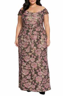 Floral Printed Brocade Off the Shoulder Gown