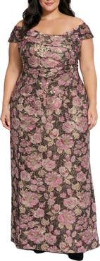 Oleg Cassini Floral Printed Brocade Off the Shoulder Gown