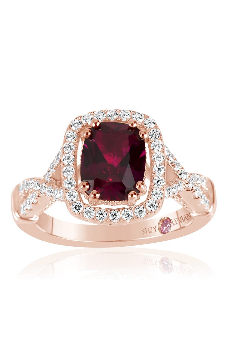 SUZY LEVIAN Pink Rhodium Plated Sterling Silver Cushion-Cut CZ Split Shank Ring, Main, color,