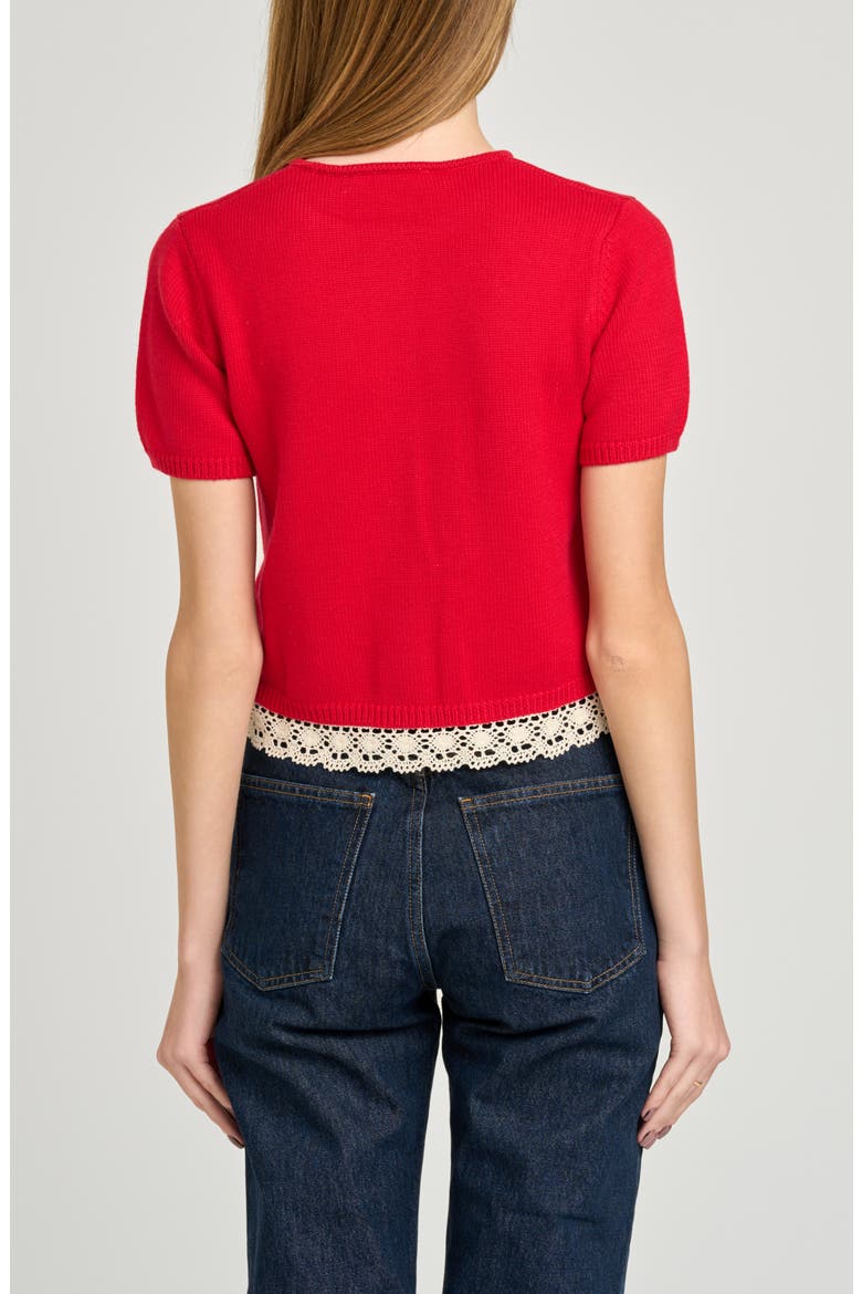 Carine Lace Trim Button Front Cardigan, Alternate, color, RED