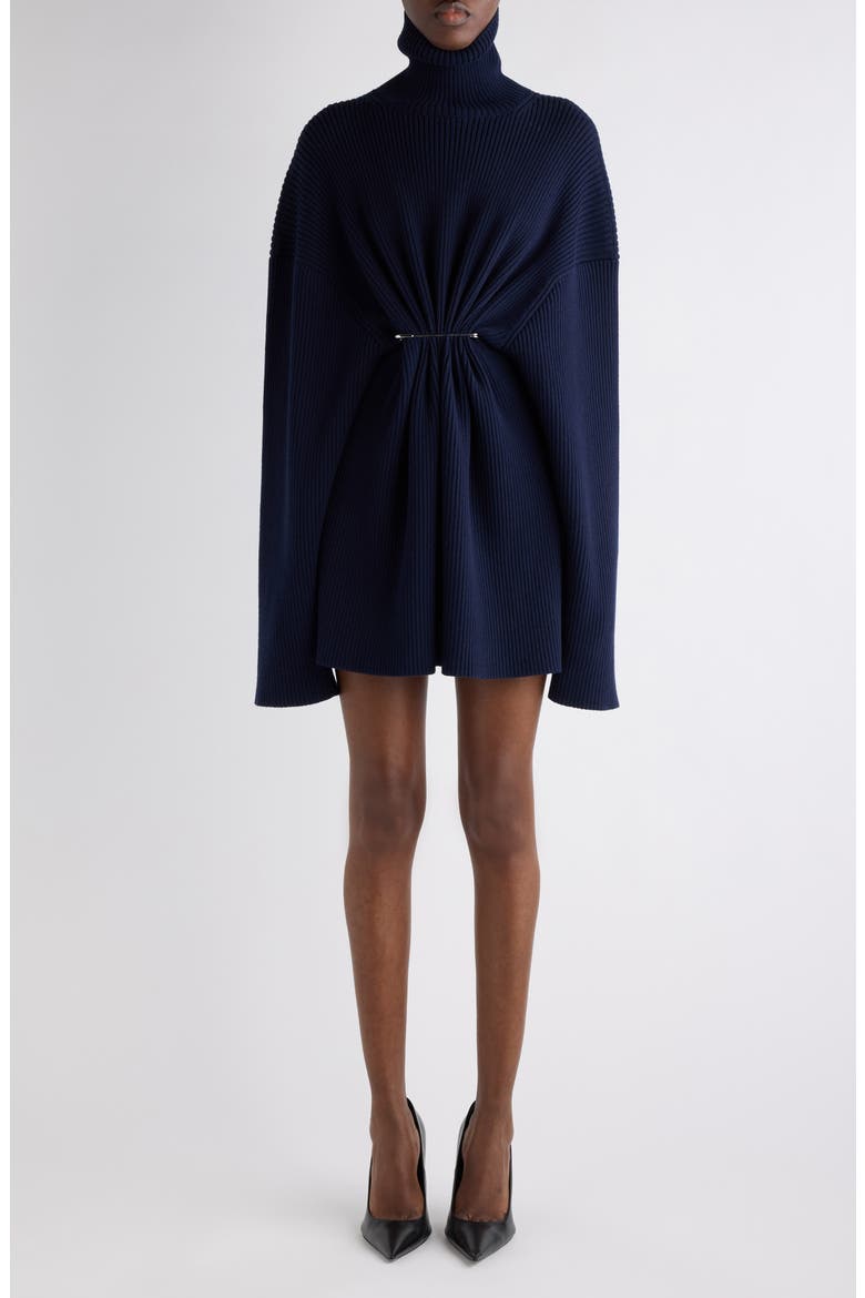 Pinched Long Sleeve Wool Rib Dress, Main, color, 4140 NAVY
