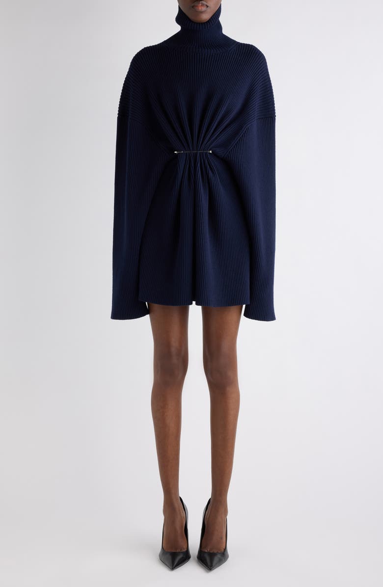 Balenciaga Pinched Long Sleeve Wool Rib Dress, Main, color, 4140 Navy