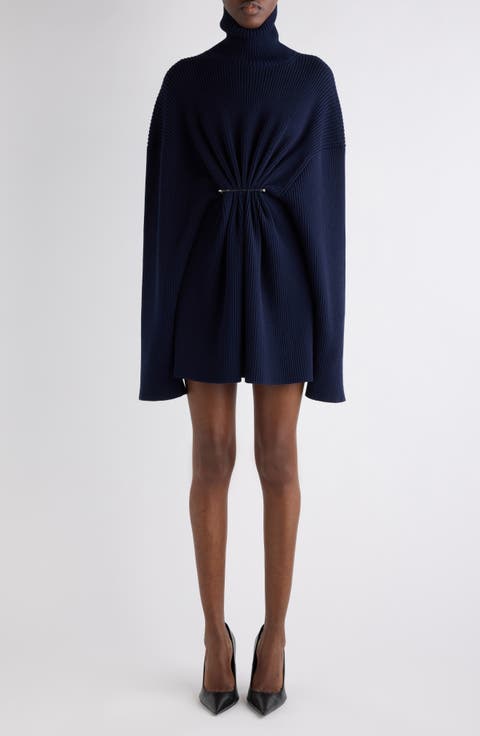 Pinched Long Sleeve Wool Rib Dress