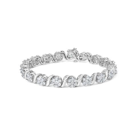 14K White Gold 7 3/8 Cttw Diamond Floral Cluster S Link Bracelet