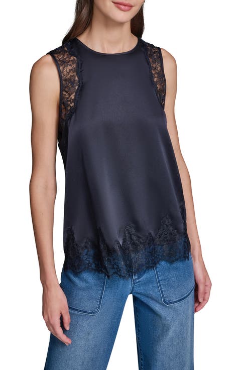 Eyelash Lace Trim Satin Tank