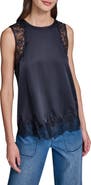 KARL LAGERFELD PARIS Eyelash Lace Trim Satin Tank