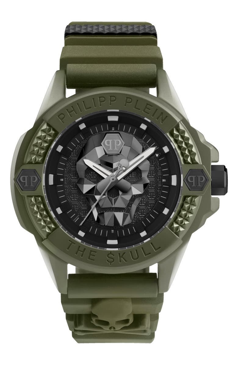PHILIPP PLEIN The $kull Ceramic Silicone Strap Watch, 44mm, Main, color, Green