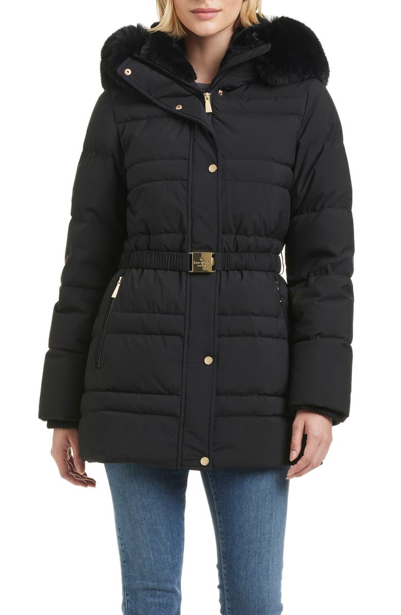 Kate Spade New York belted short down puffer jacket with removable faux fur trim, Main, color, 