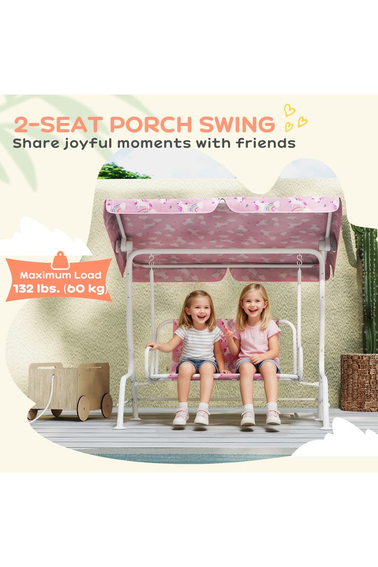 2-Seater Kids Porch Swing with Safety Belts and Adjustable Canopy, Alternate, color, Pink