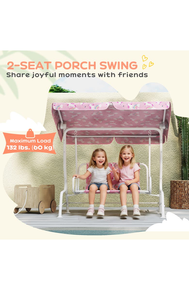 Qaba 2-Seater Kids Porch Swing with Safety Belts and Adjustable Canopy, Alternate, color, Pink