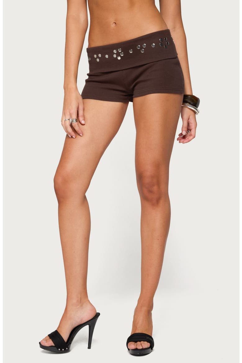Fontey Studded Foldover Micro Shorts, Alternate, color, BROWN