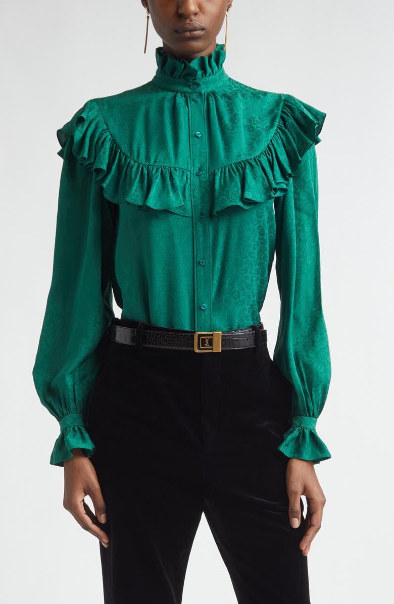 Saint Laurent Ruffled Silk Jacquard Button-Up Shirt, Main, color, Emeraude