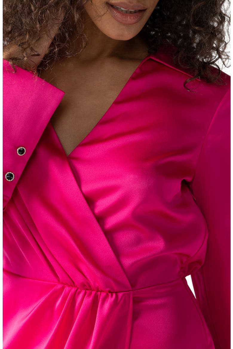 Wrap Front Long Sleeve Satin Minidress, Alternate, color, POWER PINK