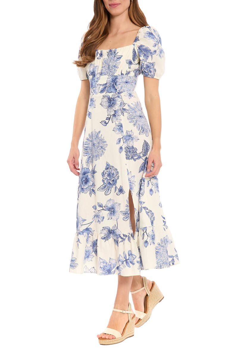 Floral Puff Sleeve Empire Waist Sheath Midi Dress, Alternate, color, SOFT WHITE/ SLATE AQUA