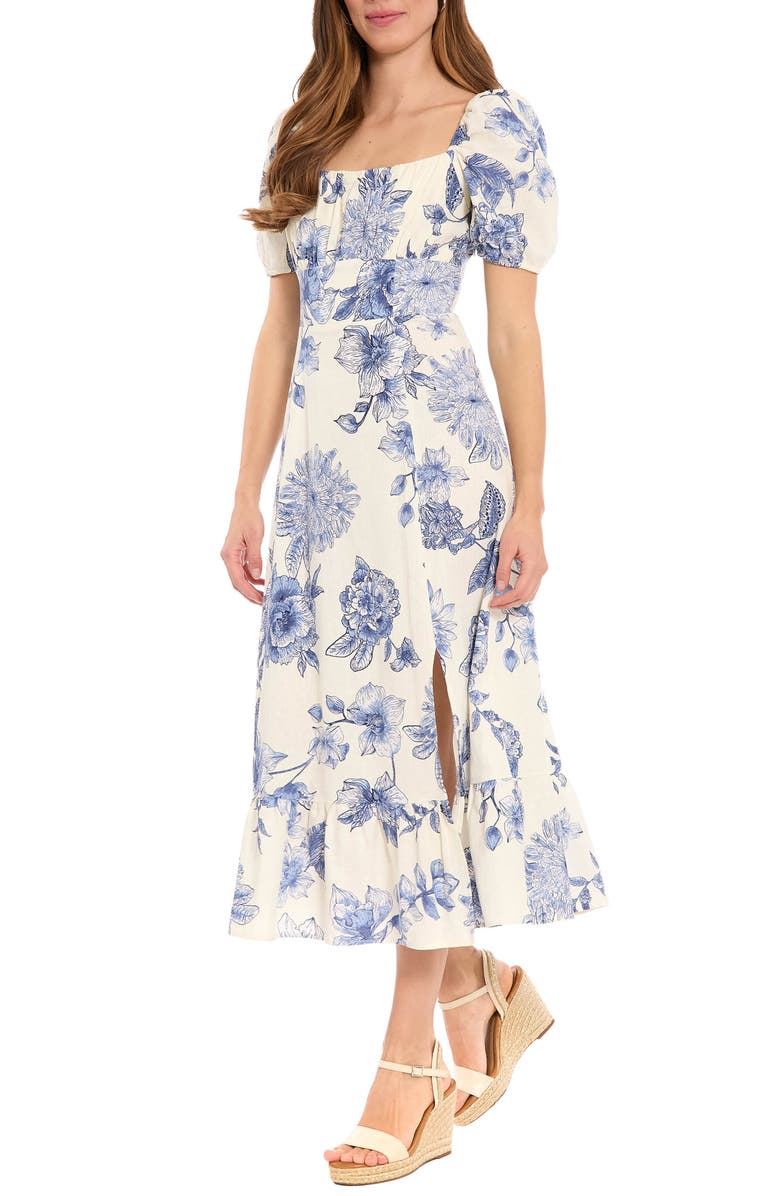 London Times Floral Puff Sleeve Empire Waist Sheath Midi Dress, Alternate, color, 