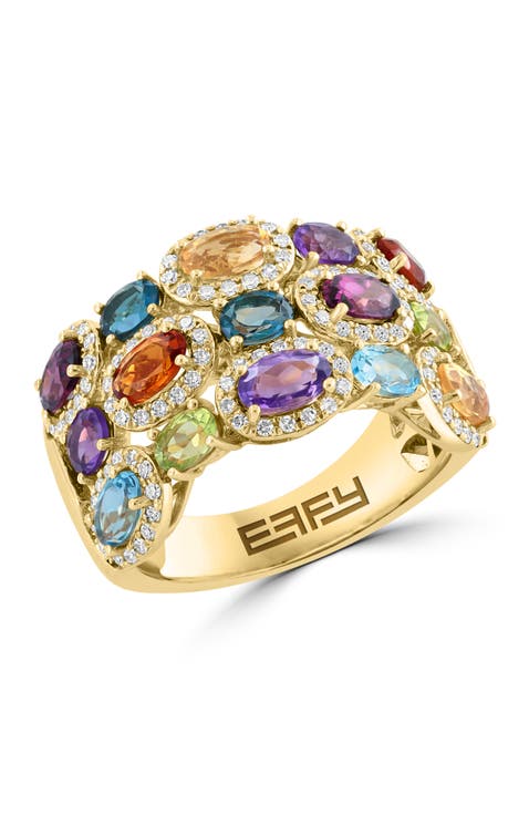 14K Yellow Gold Multi-Gemstone Diamond Gallery Ring