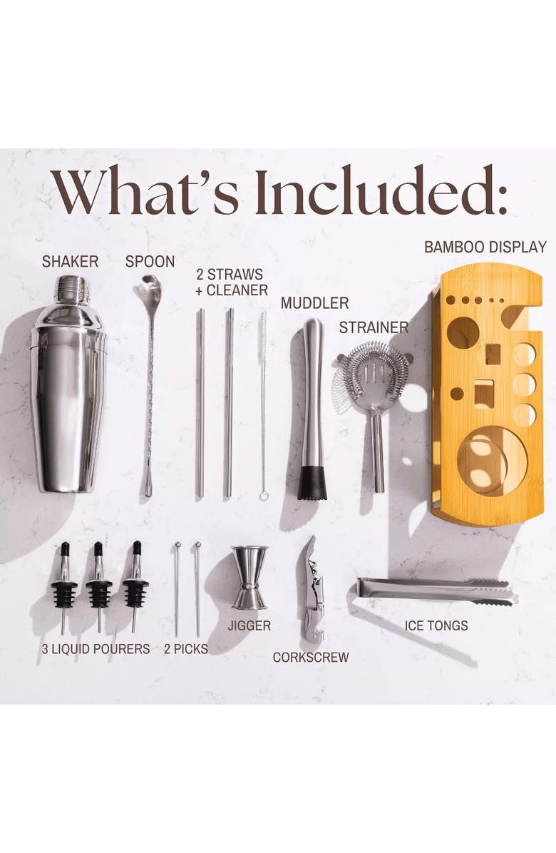 Luminuxe Cocktail Shaker Set Bartender Kit with Stand, 16-Piece Barware Mixing Tools, Stainless Steel, Alternate, color,