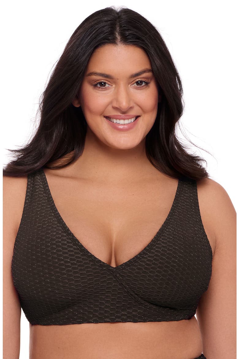 Supportive and Sculpting Grid-Textured Wrap Bralette Swimsuit Top, Main, color, Onyx Black