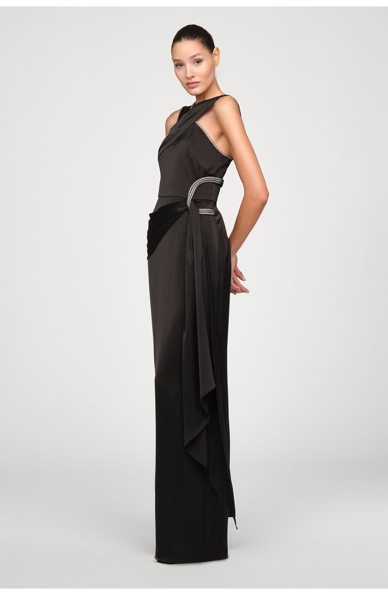 Theia Cressida Halter Column Satin Gown, Alternate, color, Black