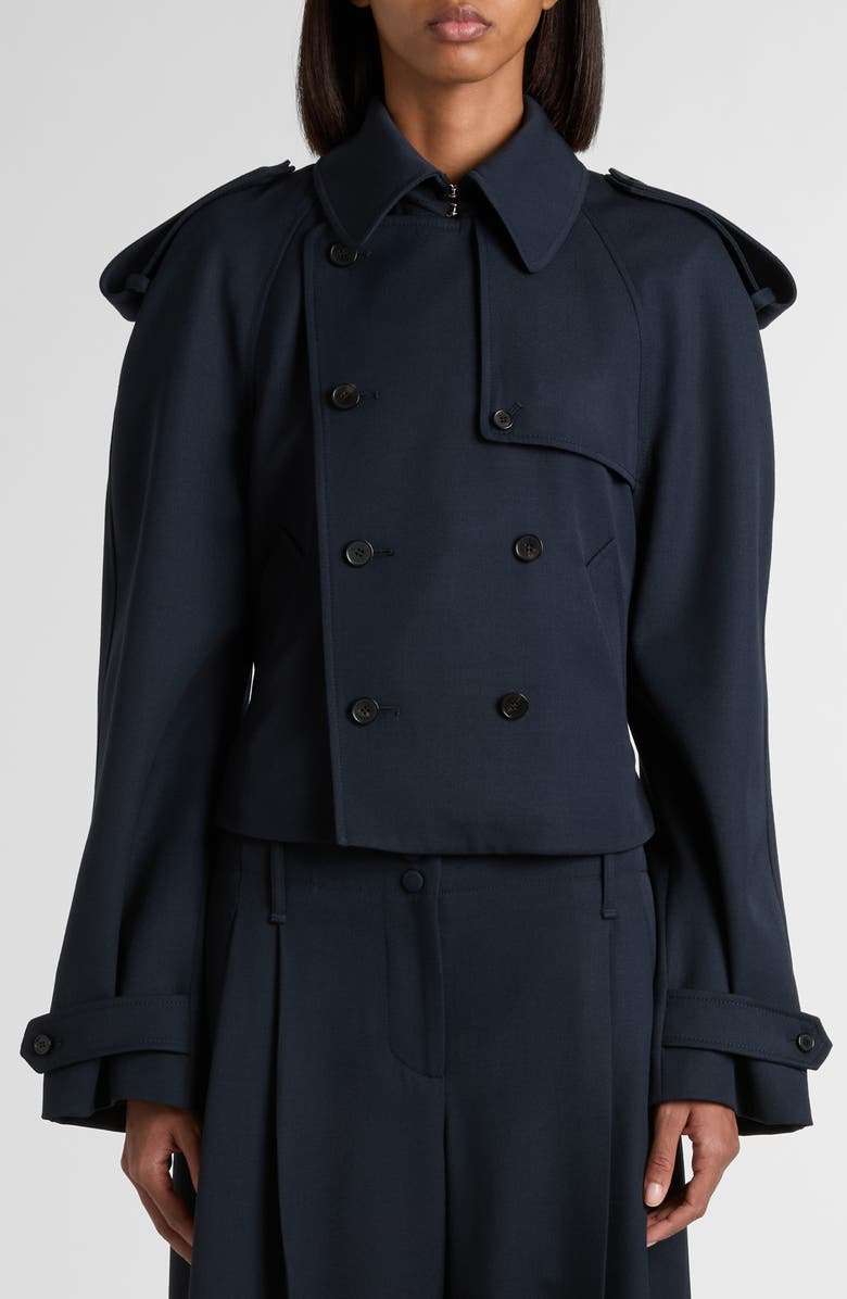 McQueen Double Breasted Wool & Cotton Crop Trench Coat, Alternate, color, Navy