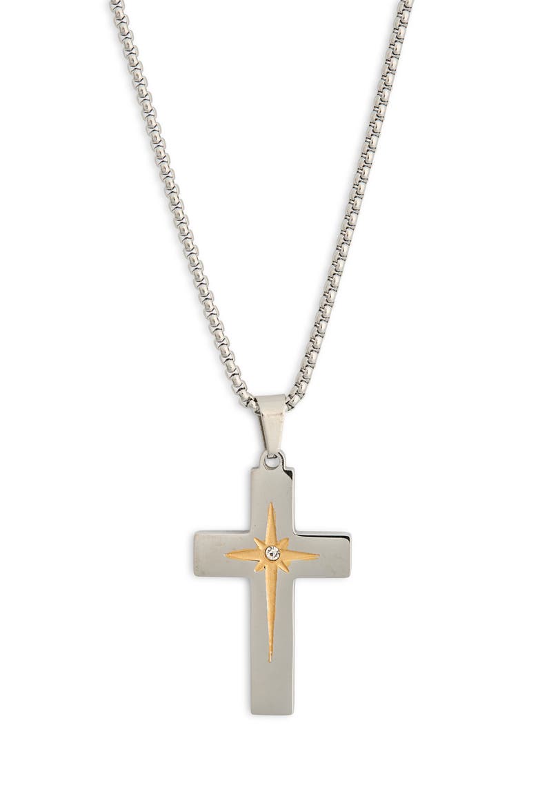 Men's Nathan North Star Cross Pendant Necklace, Main, color, SILVER