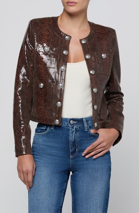 Jayde Snake Embossed Leather Collarless Jacket