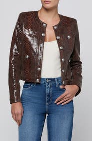 L'AGENCE Jayde Snake Embossed Leather Collarless Jacket